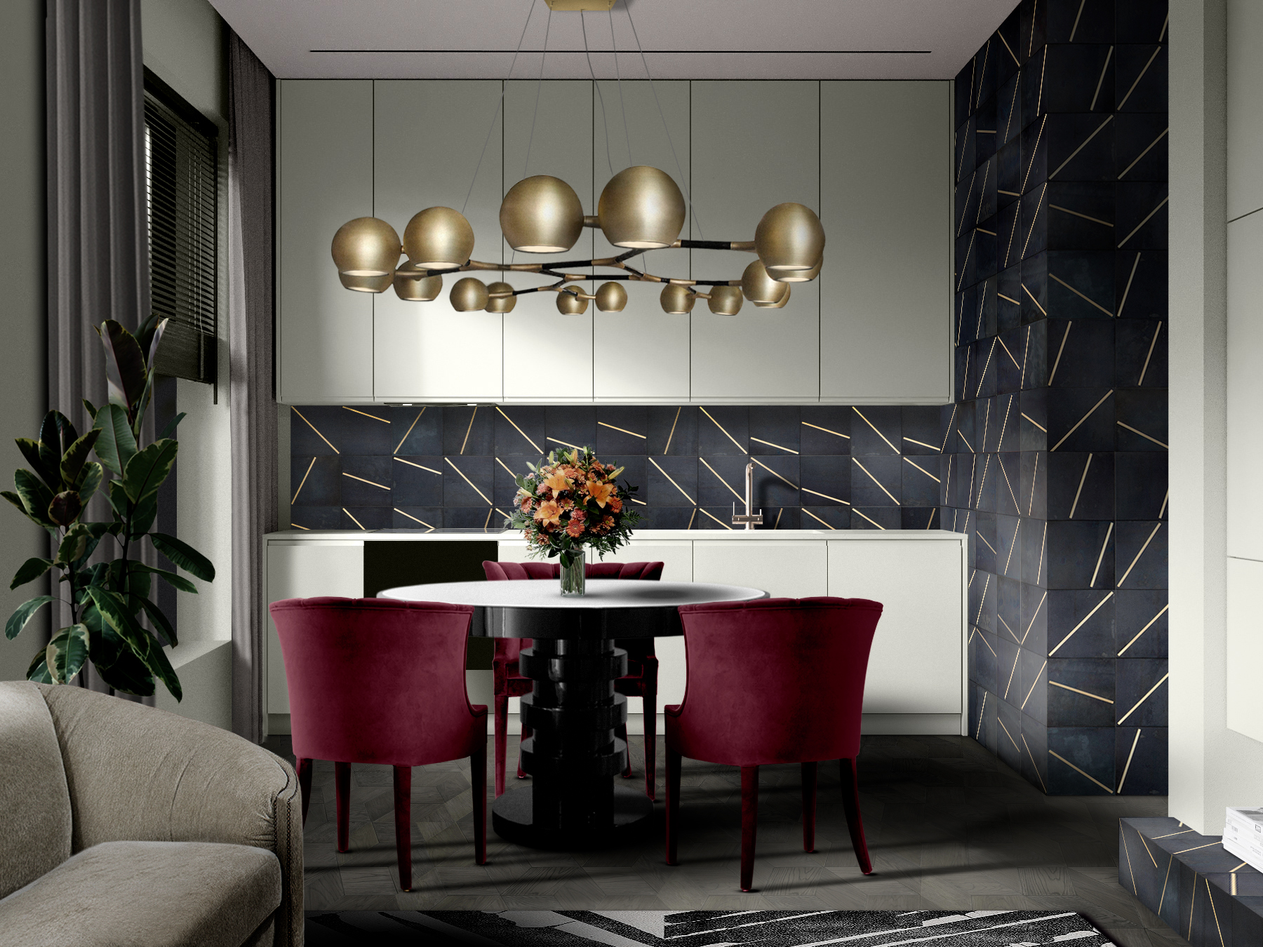 Elevate Your Dining Room: A Journey Through Design and Elegance dining room Elevate Your Dining Room: A Journey Through Design and Elegance BB SHINTO ROUND DINING TABLE HORUS SUSPENSION LIGHT PALM RUG WALES II SOFA BEGONIA DINING CHAIR 1
