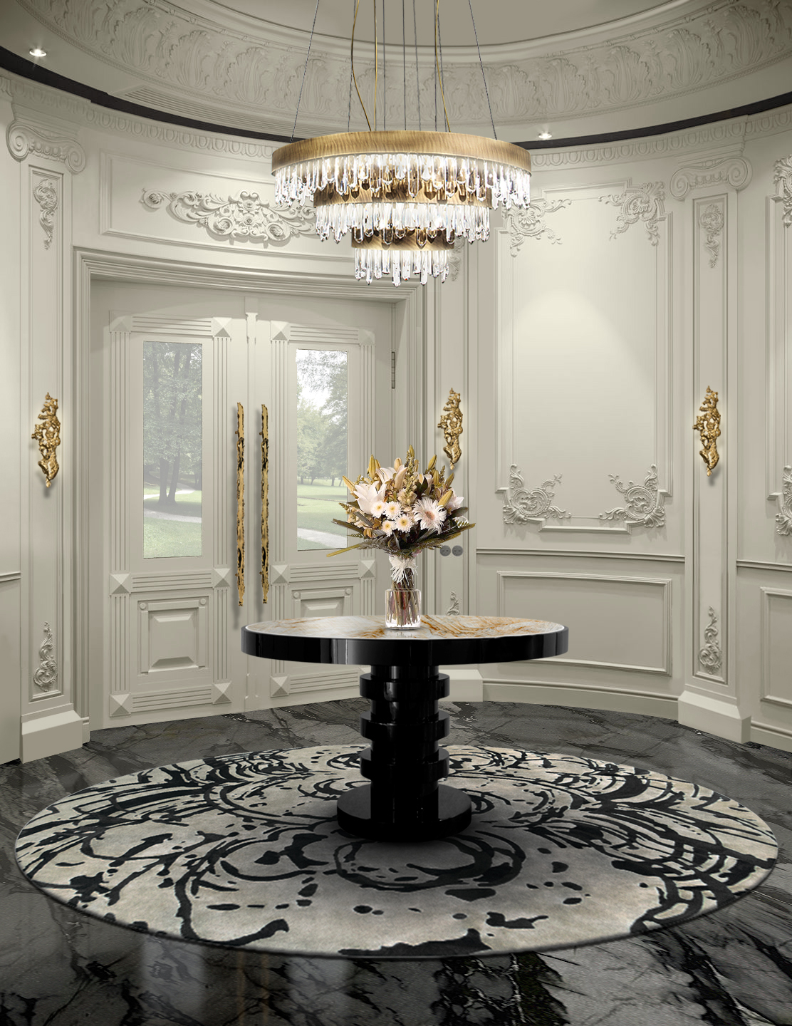 Making an Entrance: Transform Your Entryway with Style and Function entryway Making an Entrance: Transform Your Entryway with Style and Function BB NAICCA CHANDELIER CAY WALL LIGHT SHINTO ROUND DINING TABLE KESYA DOOR PULLS MERFILUS RUG