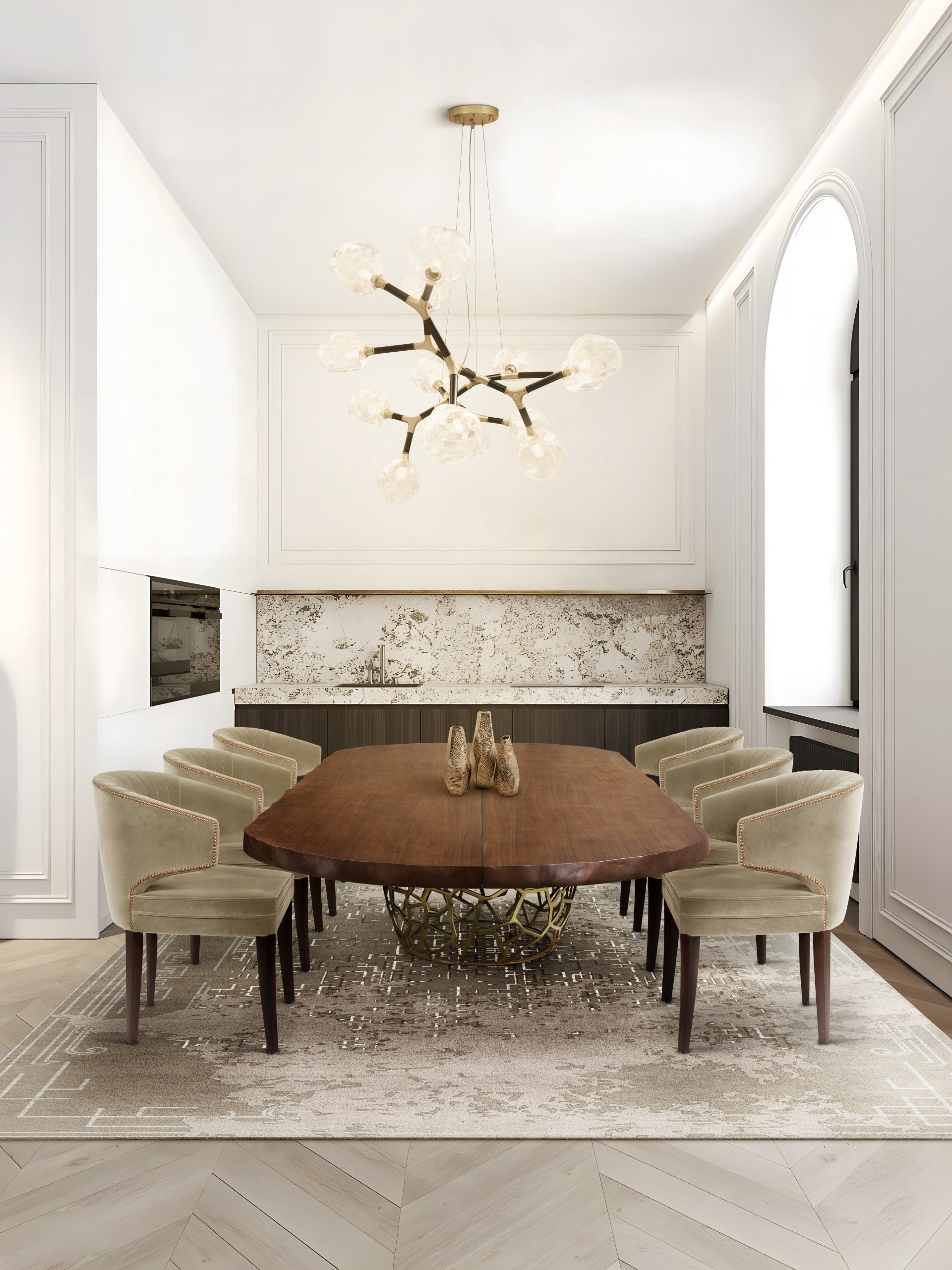 The Modern Dining Experience: Designing Luxurious Dining Spaces luxurious dining spaces The Modern Dining Experience: Designing Luxurious Dining Spaces BB 0724 Ibis DIning Apis DIning Oval Horus Irregular Ruin Rug Bege scaled
