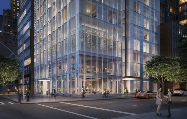 the entrance is recessed beneath a canopy that sits alongside the entrance and pavilion of the seagrambuilding