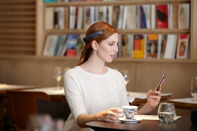 Headset transmits sound through the bones