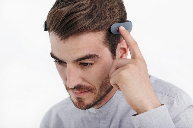 Headset transmits sound through the bones