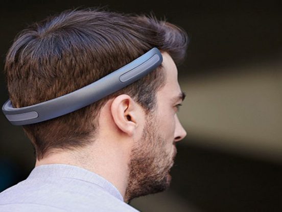 Headset transmits sound through the bones