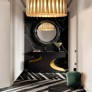 BRYCE I CONSOLE, BELIZE MIRROR, NOAKI STOOL, AURUM III SUSPENSION LIGHT