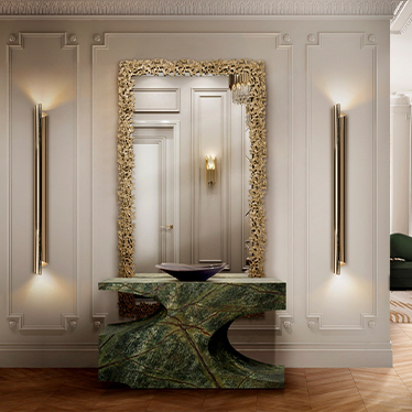 CAY RECTANGLE MIRROR, BRYCE II CONSOLE, CYRUS XL WALL LIGHT