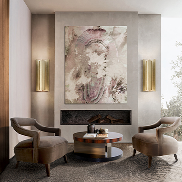 LALLAN II CENTER TABLE, OKA ARMCHAIR, AURUM WALL LIGHT