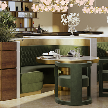 SHINTO ROUND DINING TABLE, BOURBON ROUND SOFA, RUKAY BOLD ARMCHAIR