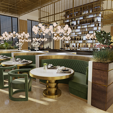 BOURBON ROUND SOFA, SHINTO ROUND DINING TABLE, RUKAY BOLD ARMCHAIR
