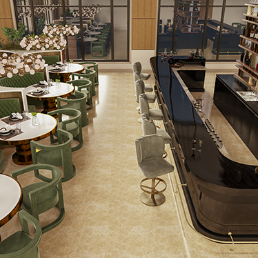 DALYAN II Counter Stool, BOURBON Round Sofa, SHINTO Round Dining Table, RUKAY Bold Armchair