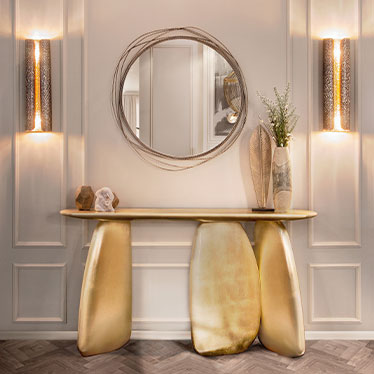 Ardara Console, Kayan Mirror, Vellum Wall Light