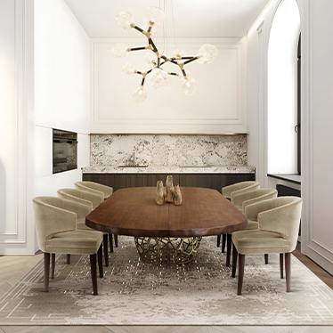 Ibis Dining Chairs, Apis Oval Dining Table, Horus Irregular Suspension Light, Ruin Rug