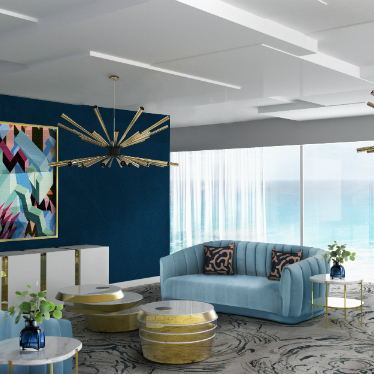 The living room of our dreams is made blue artsy decorations. Here, in this fancy chic living room interior design, you can find the most exquiste and luxurious elements such as OREAS Sofa. 